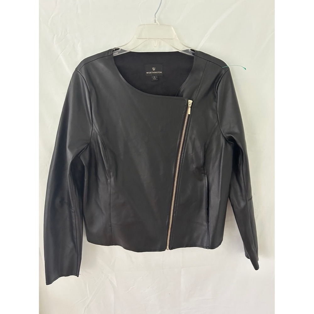 Worthington Womens Black Faux Leather Asymmetrical Zip Collarless Jacket Large